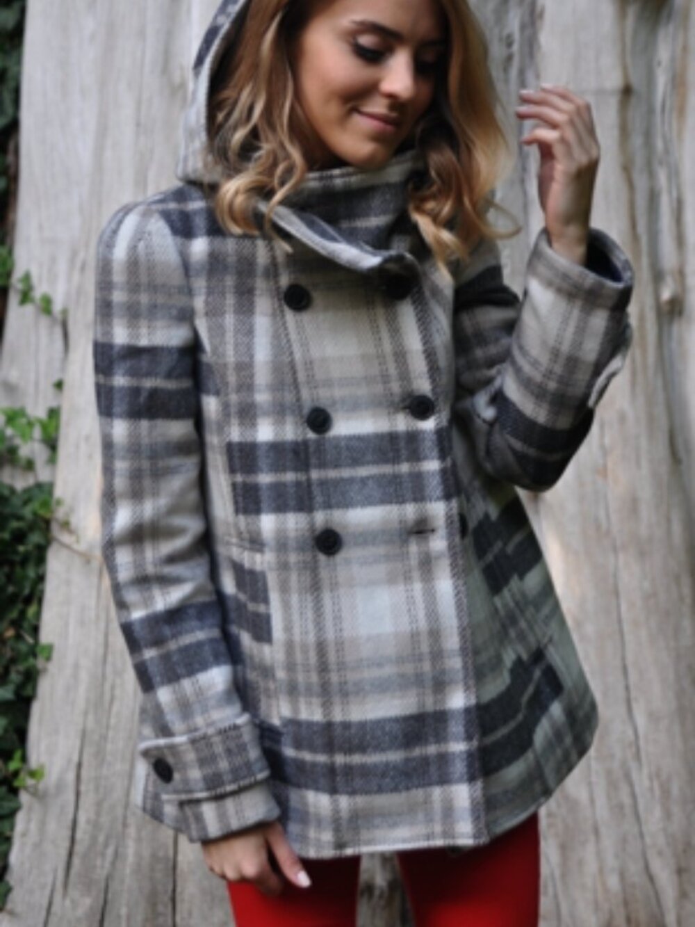 Zara Plaid Hooded Double-Breasted Coat size S